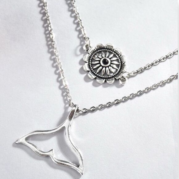 Silver Multi Layer Whale Tail Floral Medallion Charm Necklace NEW - Picture 3 of 4